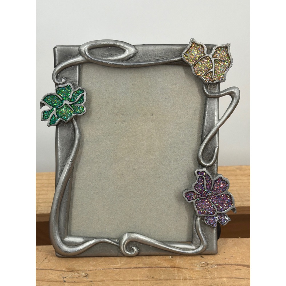 Vintage Sun Art Nouveau Pewter Tone Floral Glitter Picture Frame 3.5x4.5 Small
